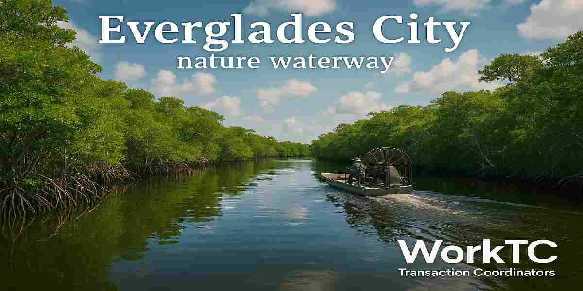 Scenic waterway with an airboat in Everglades City, FL, serviced by WorkTC Transaction Coordinators for unique properties