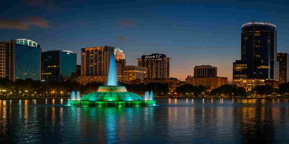 Orlando, FL, skyline with the Lake Eola fountain, showcasing WorkTC Transaction Coordinator services for Central Florida