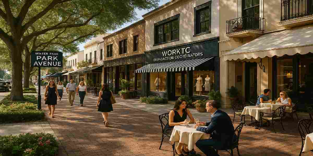Elegant shops and cafes along Park Avenue in Winter Park, FL, served by WorkTC Transaction Coordinators for luxury and historic homes
