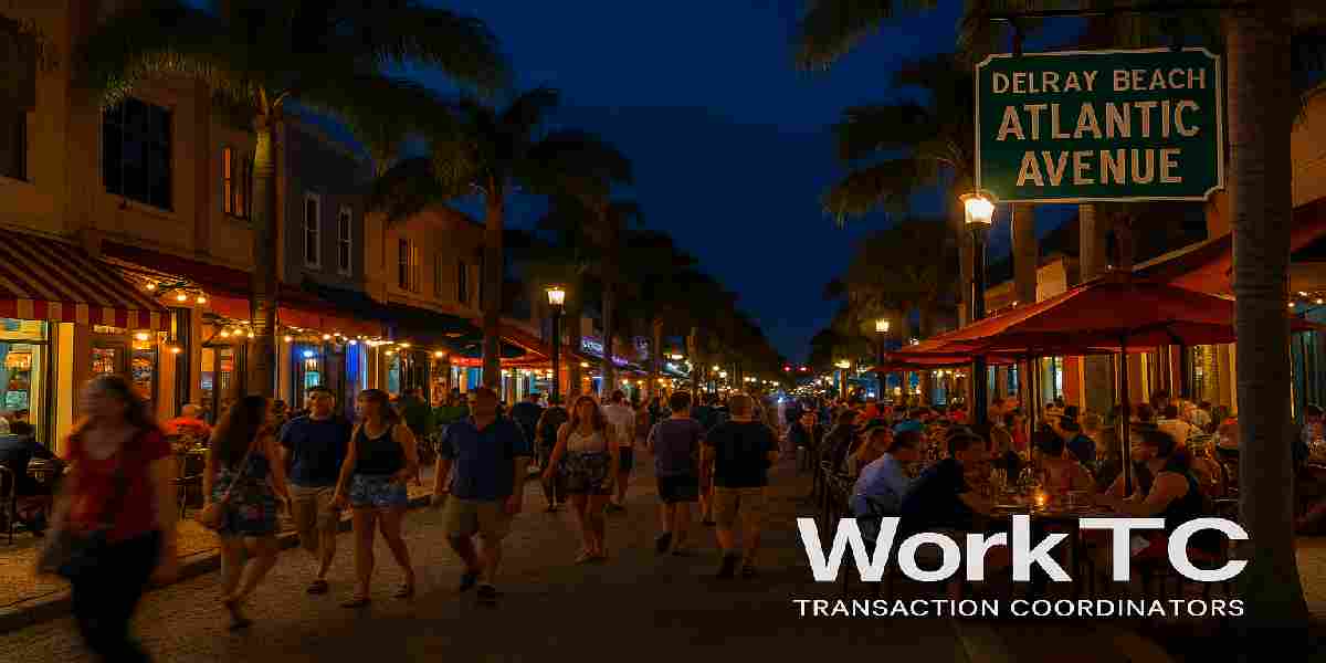 Vibrant Atlantic Avenue in Delray Beach, FL, at dusk, with WorkTC South Florida Transaction Coordinators for lifestyle properties