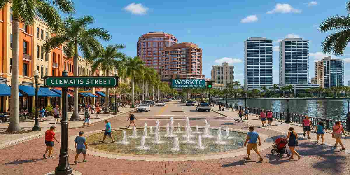 Downtown West Palm Beach, FL, showing Clematis Street and waterfront, featuring WorkTC South Florida Transaction Coordinators for urban properties